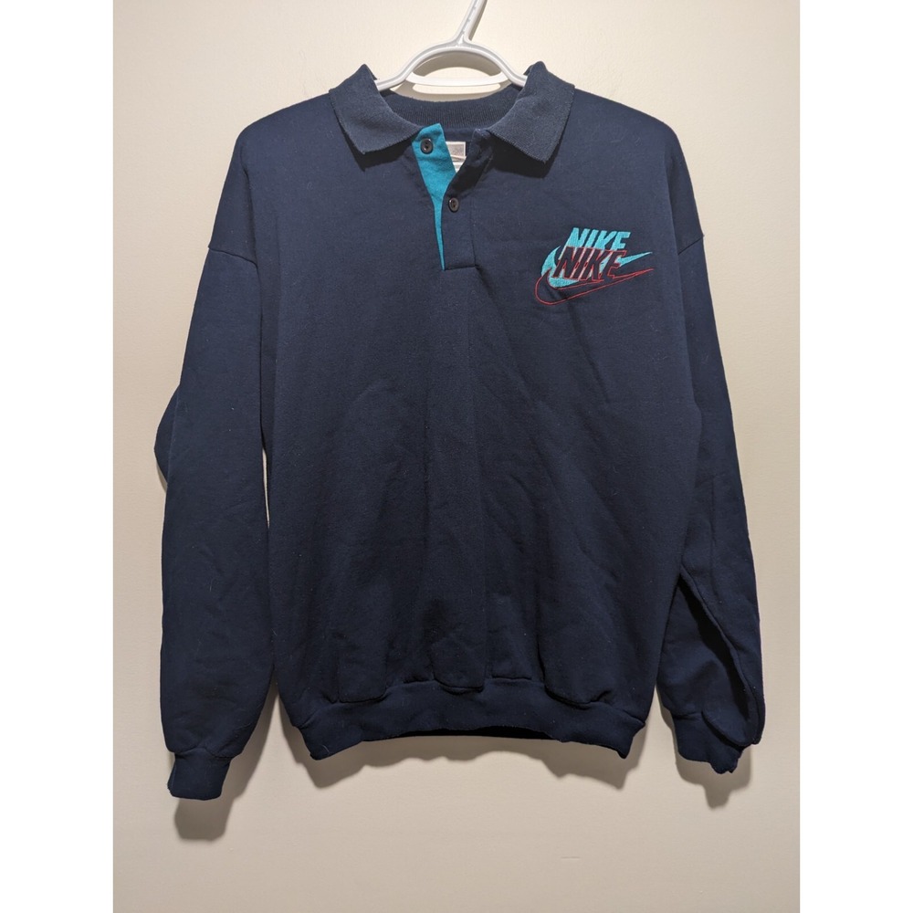 Vintage Nike 90's Double Logo Collared Sweatshirt Embroidered Size Medium Navy